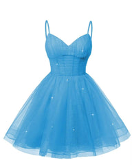 Womens V Neck Tulle Spaghetti Straps Ocean Blue Homecoming Dresses with Corset Back Short Prom Gowns for Teens