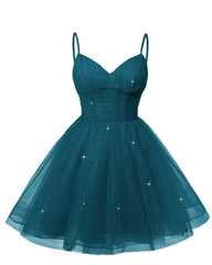 Womens V Neck Tulle Spaghetti Straps Teal Homecoming Dresses with Corset Back Short Prom Gowns for Teens