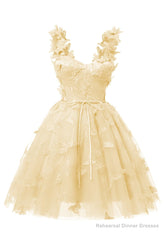 Yellow 3D Butterfly Lace Applique Tulle Homecoming Dress for Teens Sweetheart Mini Short Prom Dresses