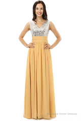 Yellow Chiffon Silver Sequins V-neck Backless Bridesmaid Dresses