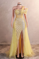 Yellow Off Shoulder Mermaid Prom Dresses Luxurious Silver Bead Trumpet Formal Dresses