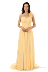 Yellow One Shoulder Chiffon With Pleats Flower Bridesmaid Dresses