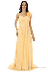 Yellow One Shoulder Chiffon With Pleats Flower Bridesmaid Dresses