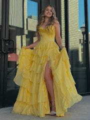 Yellow Strapless A-Line Ruffle Long Prom Dress With Split