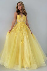 Yellow Tulle Appliques Lace-Up A-Line Long Prom Dress