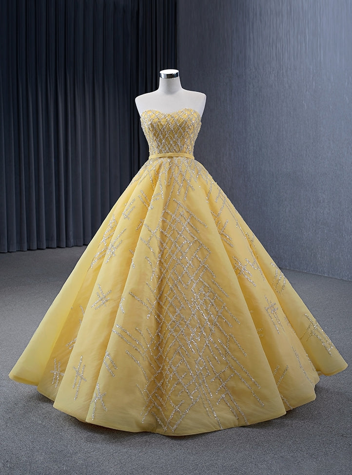 Yellow Tulle Strapless Sequins Beading Prom Dress