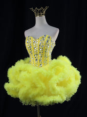 Yellow Tulle Sweetheart Crystal Homecoming Dress