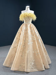 You Are Sure To Find The Perfect Champagne Tulle Embrodiery Strapless Feather Prom Dress