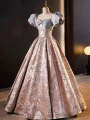 Stylish Floor-Length Printing Prom Dresses, A-Line Short Sleeve Backless Evening Formal Dresses