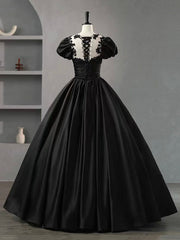 Black Scoop Neckline Satin Lace Long Prom Dress, A-Line Short Sleeve Party Dress