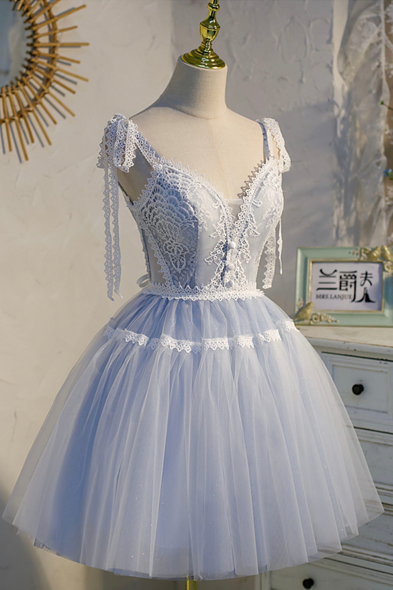 Homecoming Dress Formal, Blue Lace Short A-Line Prom Dress, Cute Spaghetti Strap Party Dress