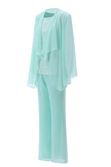 Prom Dress Gold, Aqua Three-Piece Chiffon Mother of the Bride Pant Suits