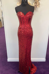 Bridesmaids Dresses Mismatched Fall, Mermaid Red Sequin Strapless Long Prom Dress with Slit