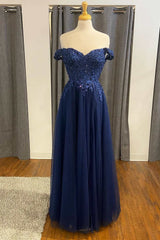 Bridesmaids Dresses Satin, Navy Blue Appliques Off-the-Shoulder A-Line Formal Dress