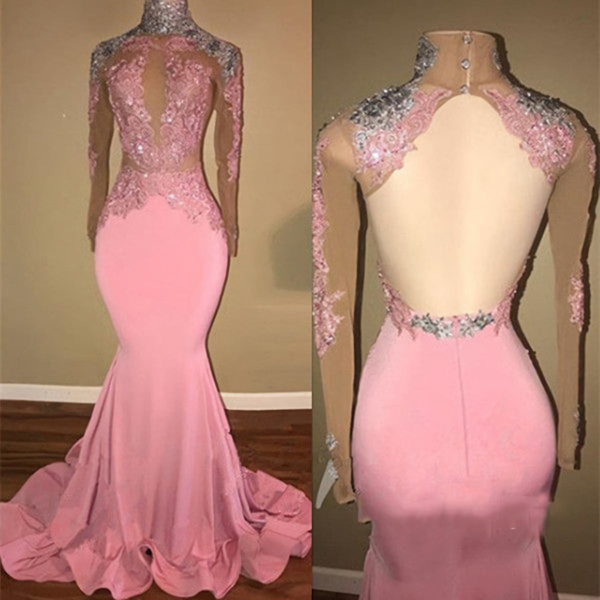 Formal Dress Black, Mermaid Backless Long Sleeves Pink See Through African Long Prom Dresses