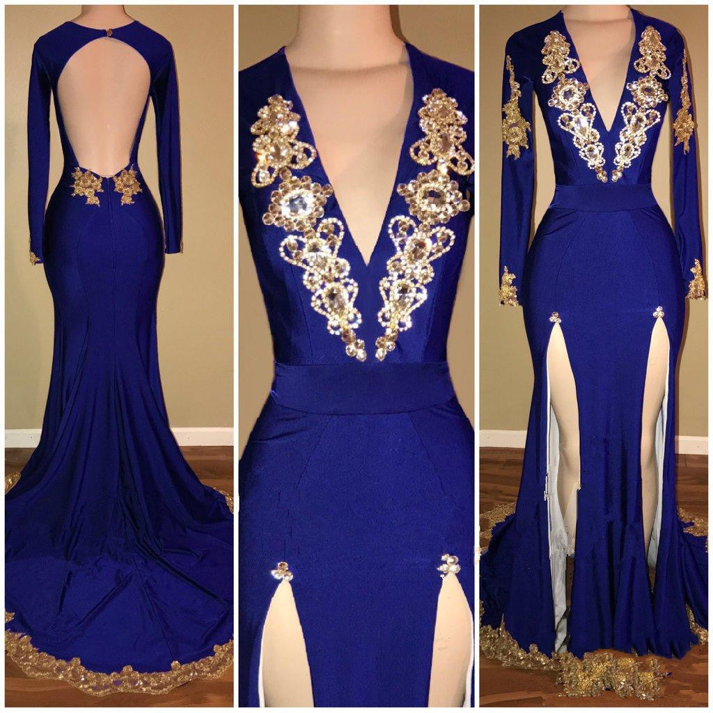 Formal Dresses Wedding, Amazing Royal Blue Sheath Slit Deep V Neck With Gold Beaded Backless Long Sleeves Long Prom Dresses