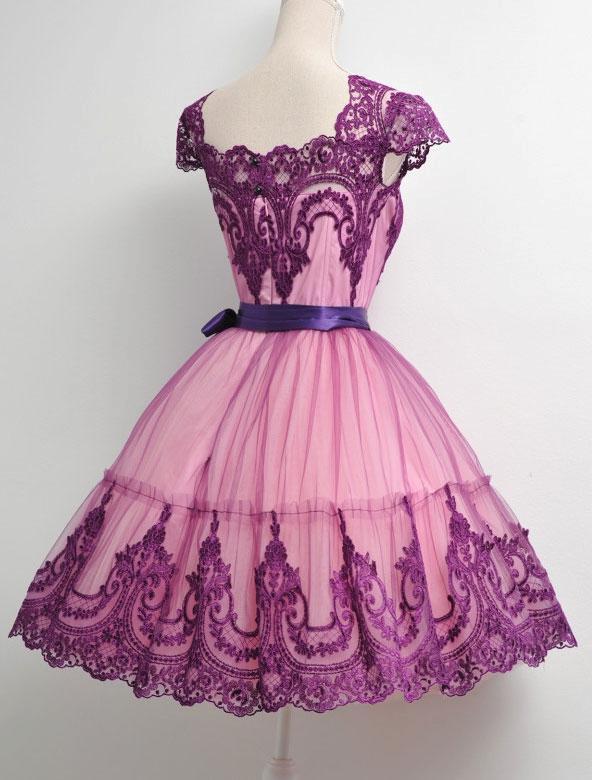 Prom Dress Shorts, Square Neck Fuchsia Cap Sleeve A Line Appliques Lace Ribbon Trim Homecoming Dresses