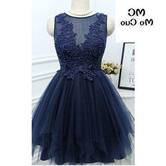 Prom Dresses Long Elegant, Jewel Sleeveless Appliques Beading A Line Tulle Sheer Pleated Dark Navy Homecoming Dresses