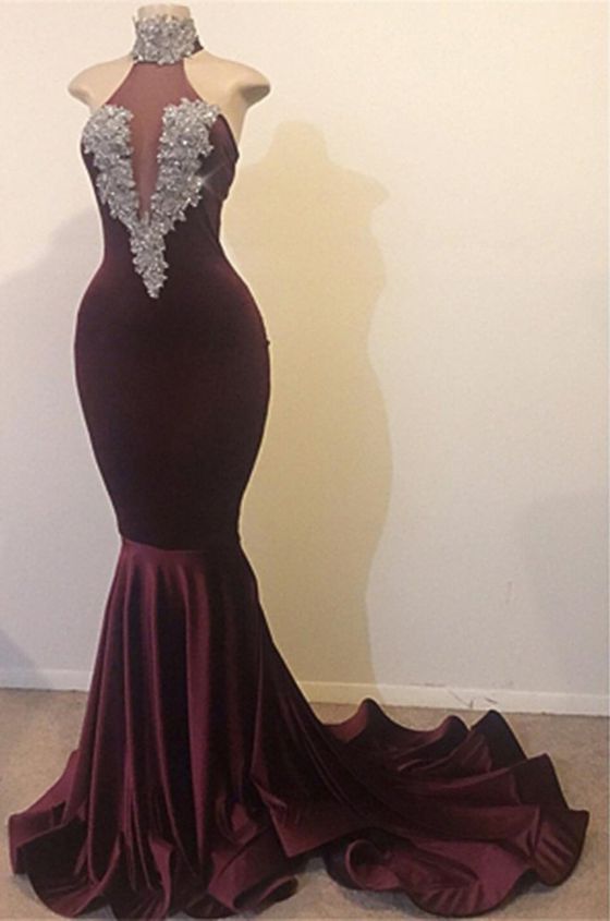 Evening Dresses Gold, 2024 New Arrival High Neck Grape Beaded Mermaid Prom Dresses