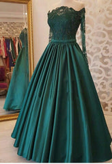 Formal Dress Shops Near Me, 2024 A Line Dark Green Long Sleeves Off Shoulder Appliques Long Prom Dresses