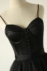 Prom Dresses For Girl, Black A-Line Spaghetti Strap Long Prom Dresses, Black Evening Dresses