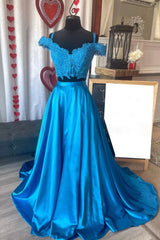 Evening Dresses Open Back, Blue Satin Off the Shoulder Long Prom Dresses, Two Pieces Evening Dresses