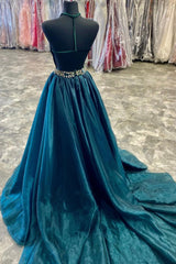 Prom Dress Piece, A-Line Velvet Tulle Long Prom Dresses, V-Neck Evening Dresses