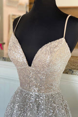 Prom Dresses For Teen, A-Line Tulle Sequins Long Prom Dresses, Spaghetti Straps V-Neck Evening Dresses