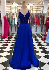 Royal Blue Prom Dresses, A-line V Neck Regular Straps Long/Floor-Length Satin Prom Dress With Appliqued Beading