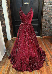 Unique Prom Dresses, A-line V Neck Spaghetti Straps Long/Floor-Length Velvet Sequins Prom Dress With Beading