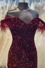 Prom Dresses On Sale, Burgundy Sequin Feather Off-the-Shoulder Mermaid Long Prom Gown