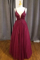 Champagne Bridesmaid Dress, Wine Lace Appliques V-Neck A-Line Prom Dress