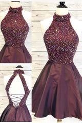 Fantasy Dress, High Neck Short Sparkle Burgundy Homecoming Dress