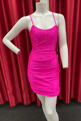 Bridesmaid Dresses Mismatch, Neon Pink Beaded Scoop Neck Bodycon Cocktail Dress