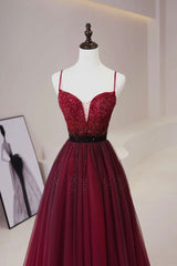 Party Dress Satin, Burgundy Tulle Beaded Long Prom Dress, A-Line Spaghetti Strap Evening Dress