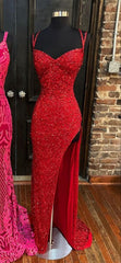 Prom Dresses For Teens, Sparkle Red Bodycon Sequined Long Prom Dresses