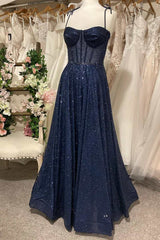 Prom Dress 2038, Princess Navy Sequin Tie-Strap A-Line Prom Dress