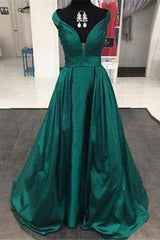 Prom Dresses Pink, Dark Green A-Line/Princess V-Neck Sleeveless Natural Zipper Sweep Train Satin Prom Dresses