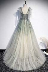 Prom Dresses Uk, Princess Dusty Green Beaded Formal Dress