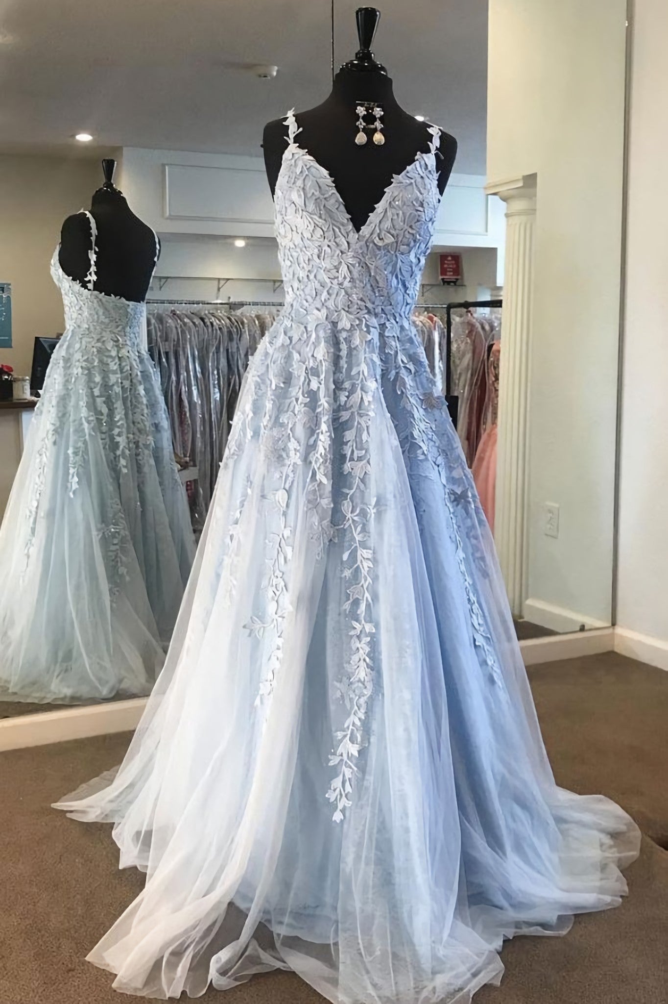 Glam Dress, Light Blue Lace Tulle Long Prom Dress, Blue Formal Dress, Ae232