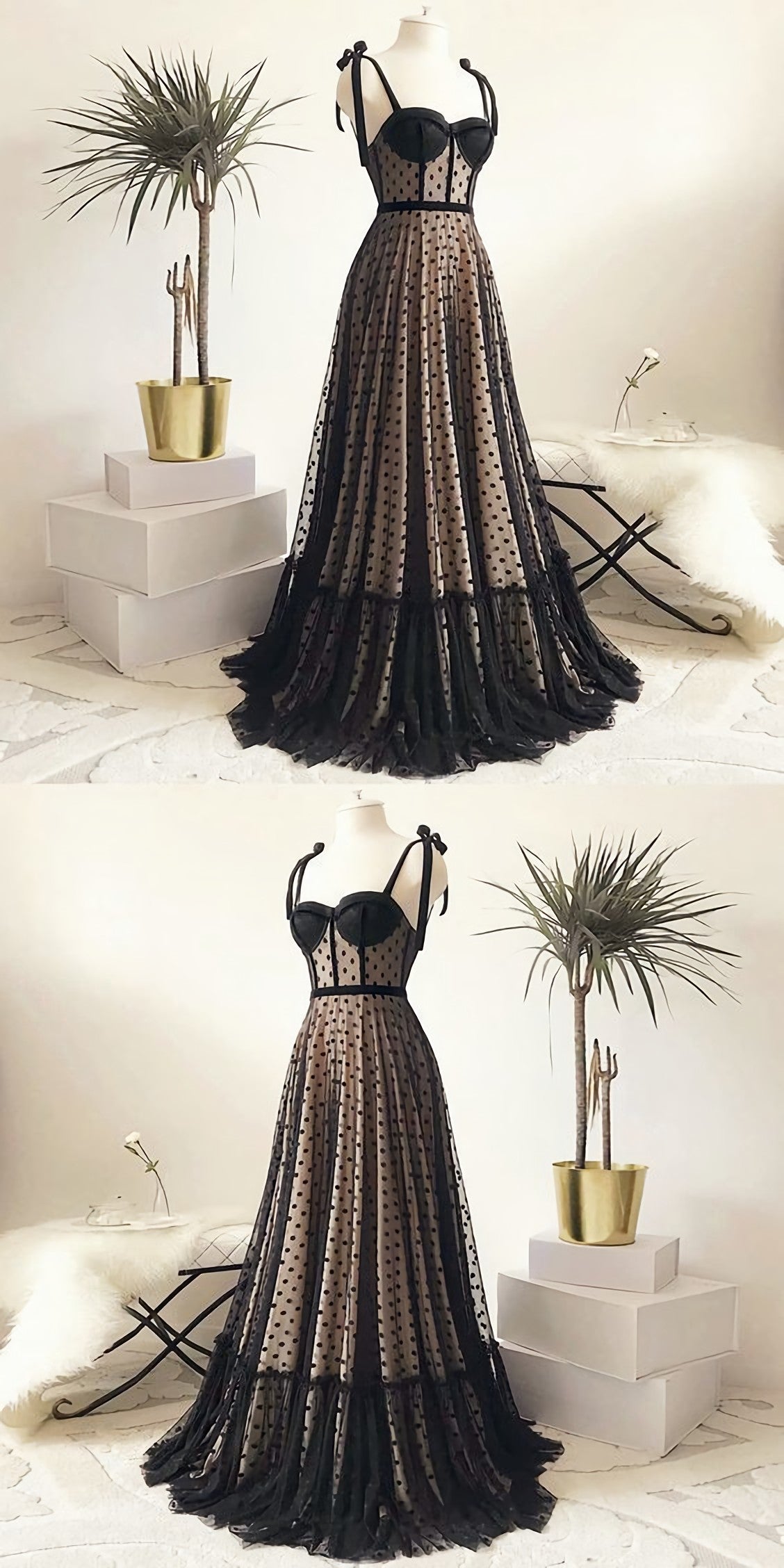 Dress Casual, Vintage Polka Dots Spaghetti Straps Black Long Prom Dress