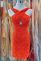 Prom Dress Yellow, Orange Sequins Cross Front Bodycon Mini Party Dress