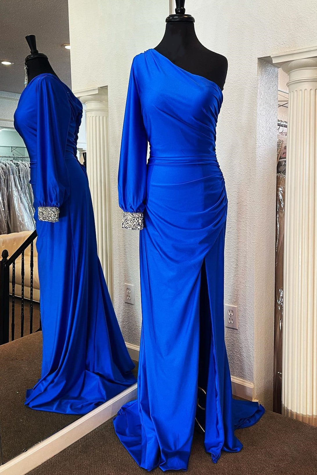 Bridesmaid Dress Gold, Mermaid One Shoulder Long Sleeve Royal Blue Party Dress