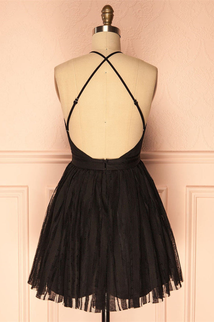 Evening Dresses Velvet, Deep V Neck Short Black Tulle Homecoming Dress