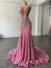 Glamorous Sparkly Sequins Prom Dresses, Deep V-Neck Sleeveles Stretch Satin Mermaid Prom Dress