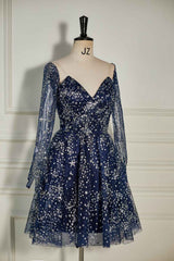 Long Dress Design, Dark Navy Sequined Long Sleeves A-line Homecoming Dress