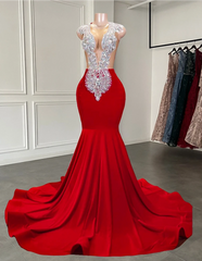 Formal Dresses Truworths, Elegant Sheer Scoop Neckline Luxury Sparkly Silver Handmade Diamond Red Spandex Black Girl Mermaid Long Prom Dresses