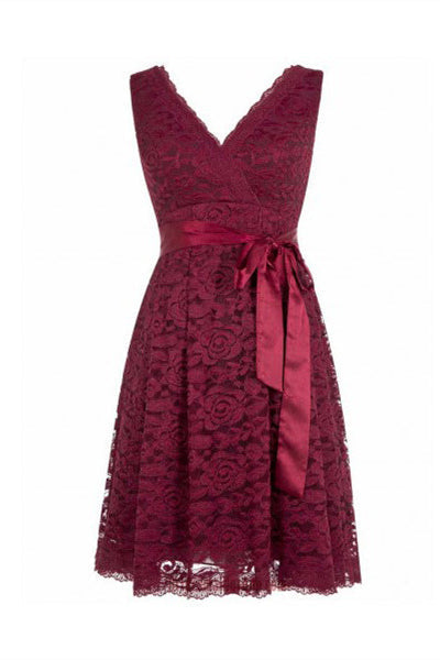 Formal Dresses Gowns, Short V Neck Burgundy Lace Bridesmaid Dress with Sash