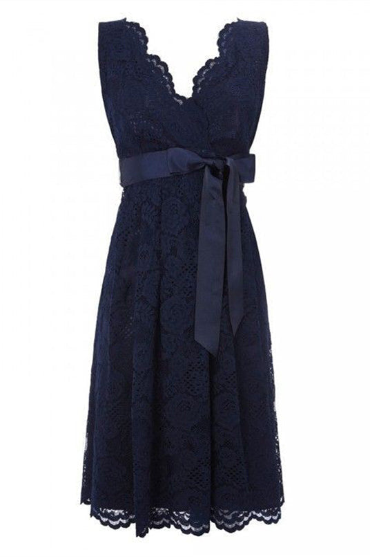 Design Dress Casual, Simple V Neck Short Lace Navy Blue Bridesmaid Dress with Sash