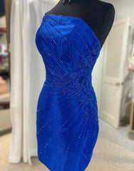 Bridesmaid Dress Fall Wedding, Royal Blue One Shoulder Tight Glitter Homecoming Dress